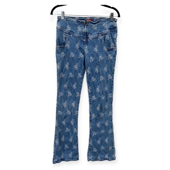 Denim - Vintage Flare Denim Midrise Jeans with Allover Embroidery Print Blue Medium Wash